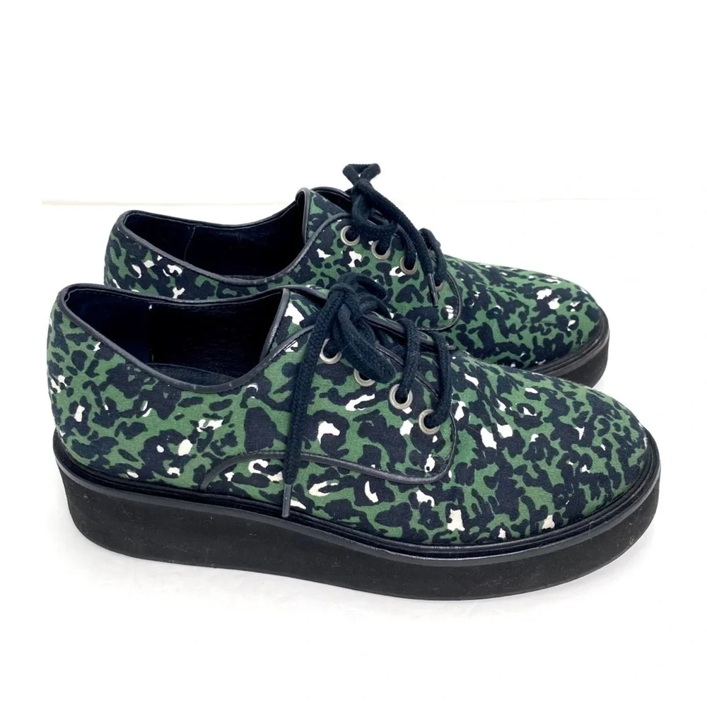 AGNES b Leopard Canvas Platform Oxfords Shoes in Green Size 7